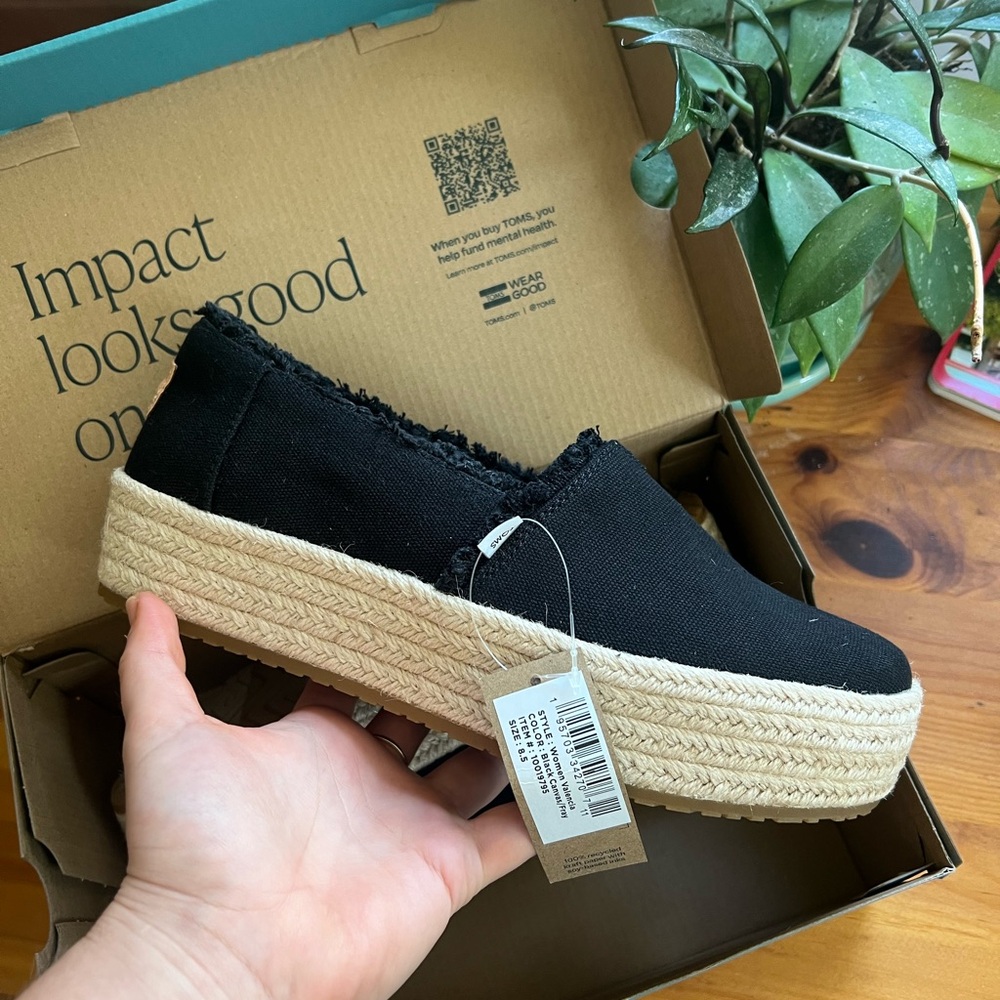 Toms Black and Tan Espadrille Platform Shoes